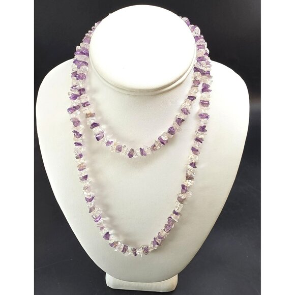 Amethyst & Clear Quartz Chip Bead Necklace Double Strand 24" HS188 - Picture 1 of 8